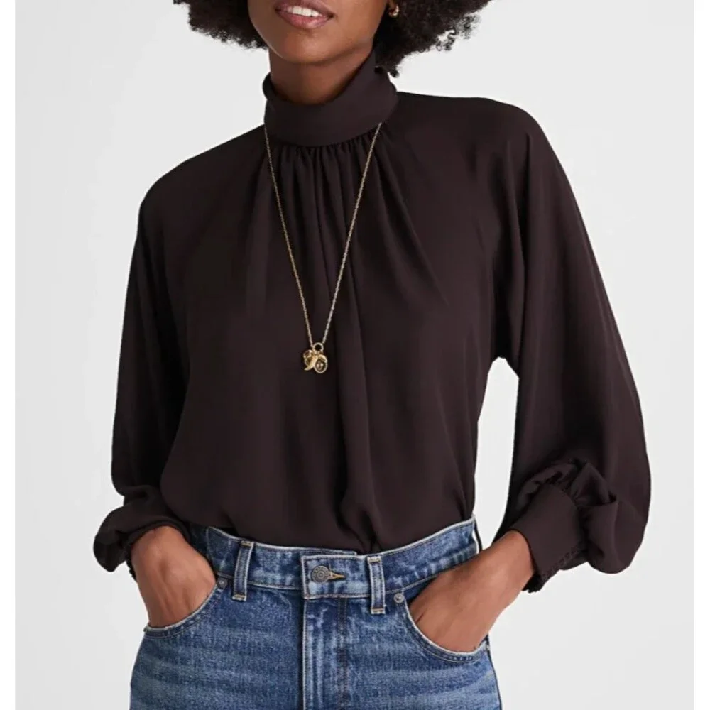 Madewell Chiffon Turtleneck Blouse XS Molasses Brown Smocked Cuff NWT NY352 - Picture 8 of 13